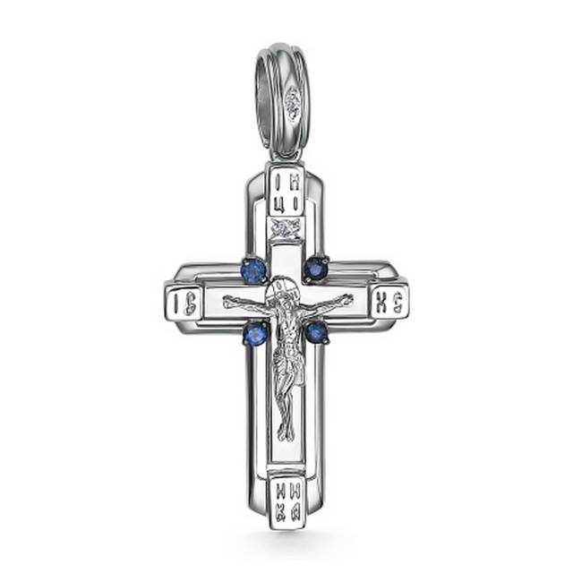Кулон крест из белого золота с бриллиантами и сапфирами (060426)