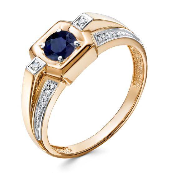 Кольцо мужское из красного золота с бриллиантами и сапфиром (061314)
