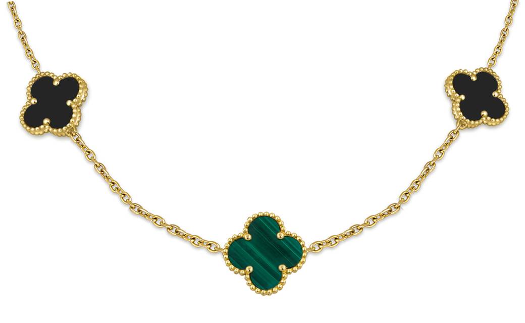 Колье из жёлтого золота с ониксами и малахитом (057736)