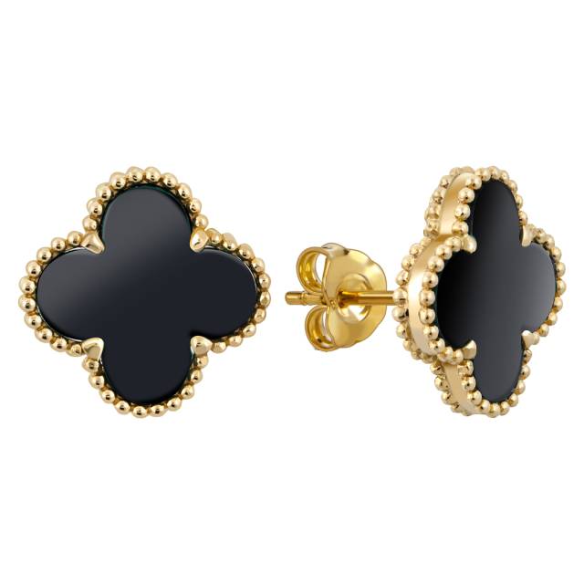 Серьги пусеты из жёлтого золота с ониксами (057710)