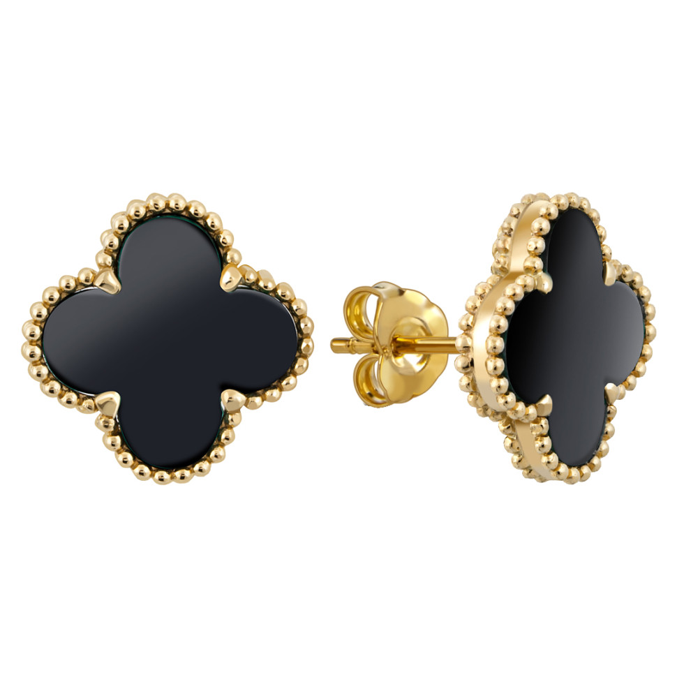 Серьги пусеты из жёлтого золота с ониксами (057710)