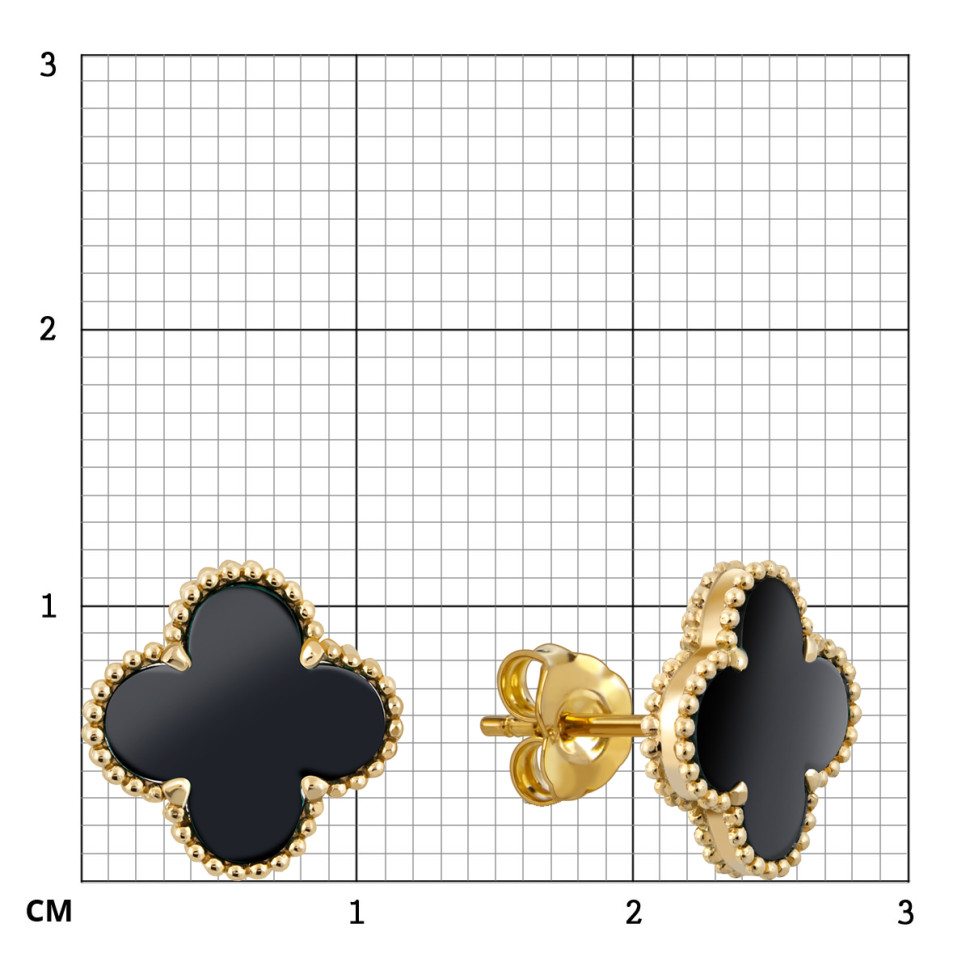 Серьги пусеты из жёлтого золота с ониксами (057710)