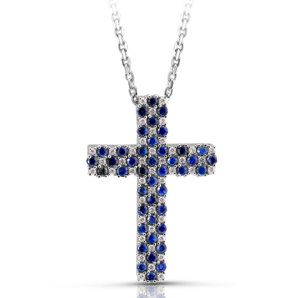 Колье крест из белого золота с бриллиантами и сапфирами (051502)