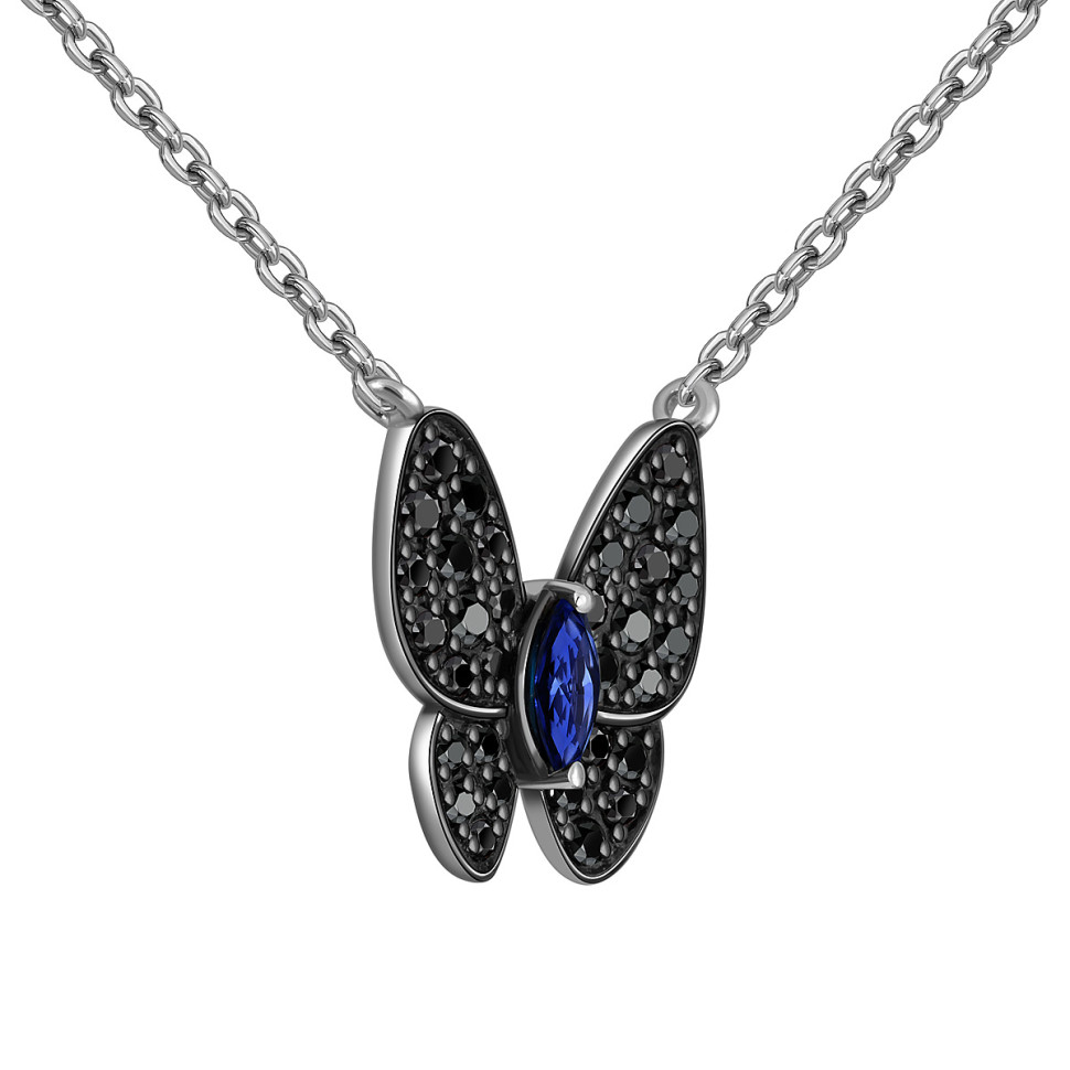 Колье из белого золота с чёрными бриллиантами и сапфиром (059563)