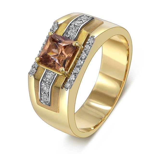 Кольцо мужское из жёлтого золота с бриллиантами и цирконом (059967)