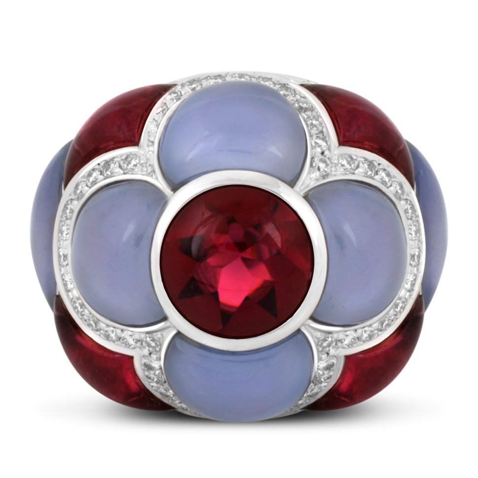 Кольцо из белого золота с бриллиантами, турмалинами и халцедонами (039227)