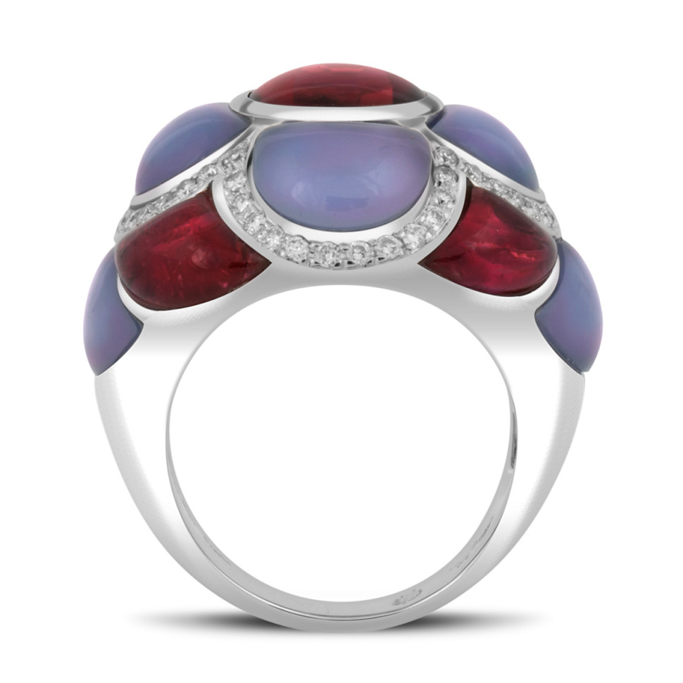 Кольцо из белого золота с бриллиантами, турмалинами и халцедонами (039227)