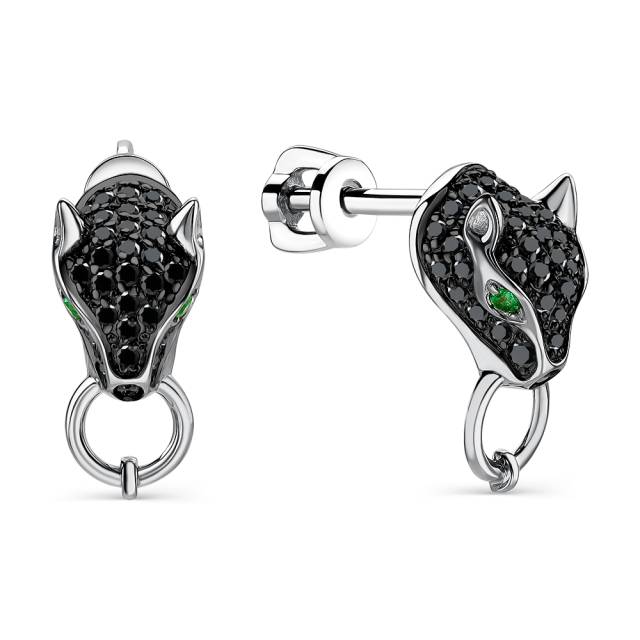 Серьги пусеты из белого золота с чёрными бриллиантами и изумрудами (060940)