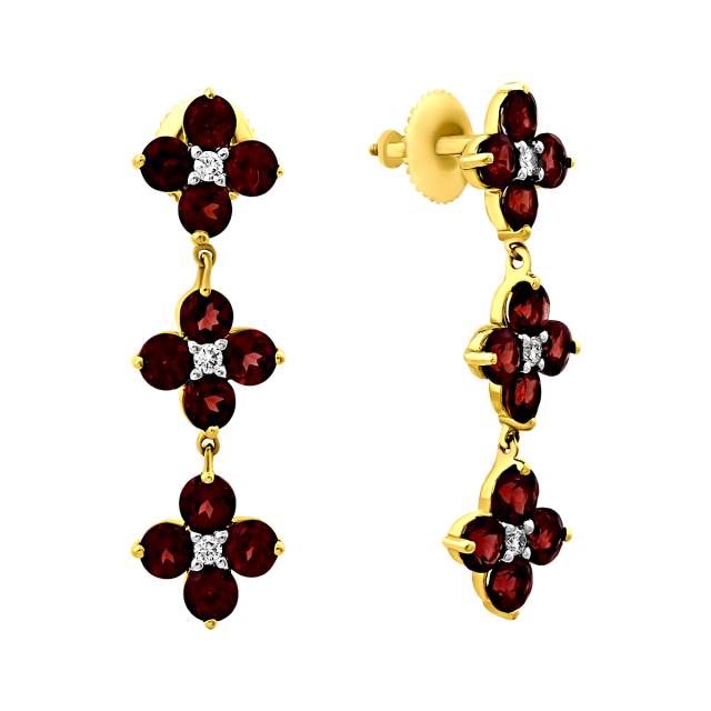 Серьги пусеты  из жёлтого золота с бриллиантами и гранатами (017495)