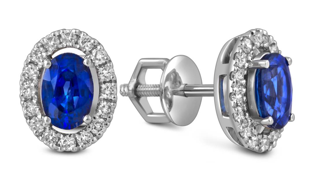 Серьги пусеты из белого золота с бриллиантами и сапфирами (054501)