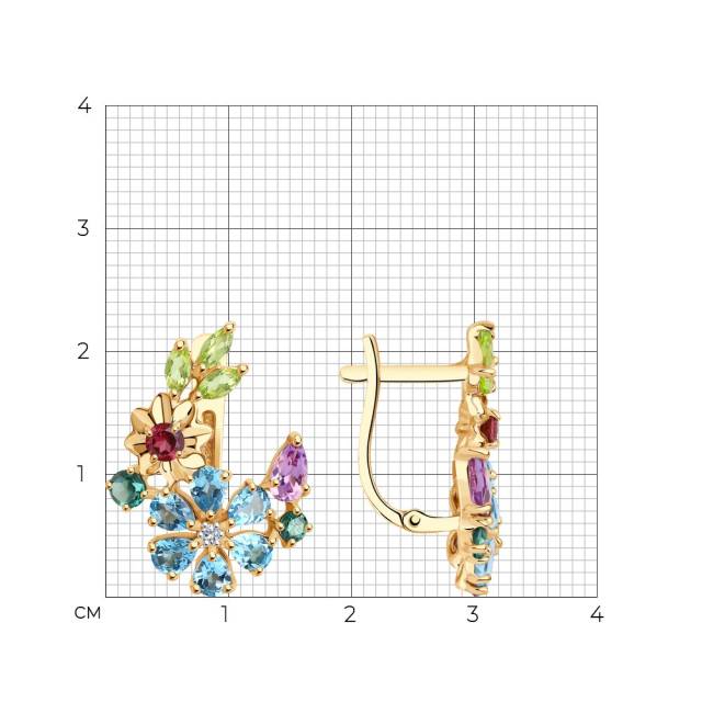 Серьги из красного золота с топазами, хризолитами, аметистами, родолитами, ситаллами и фианитами (047427)