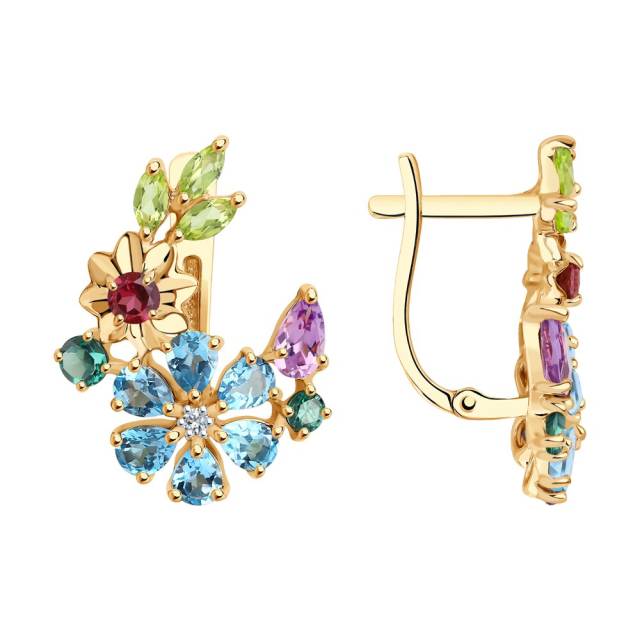 Серьги из красного золота с топазами, хризолитами, аметистами, родолитами, ситаллами и фианитами (047427)