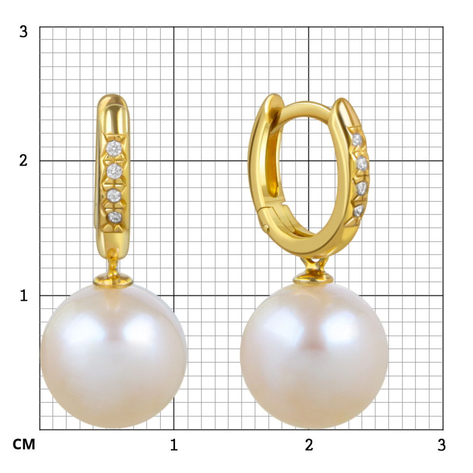 Серьги из жёлтого золота с фианитами и жёмчугом (057923)