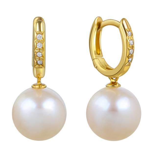 Серьги из жёлтого золота с фианитами и жёмчугом (057923)