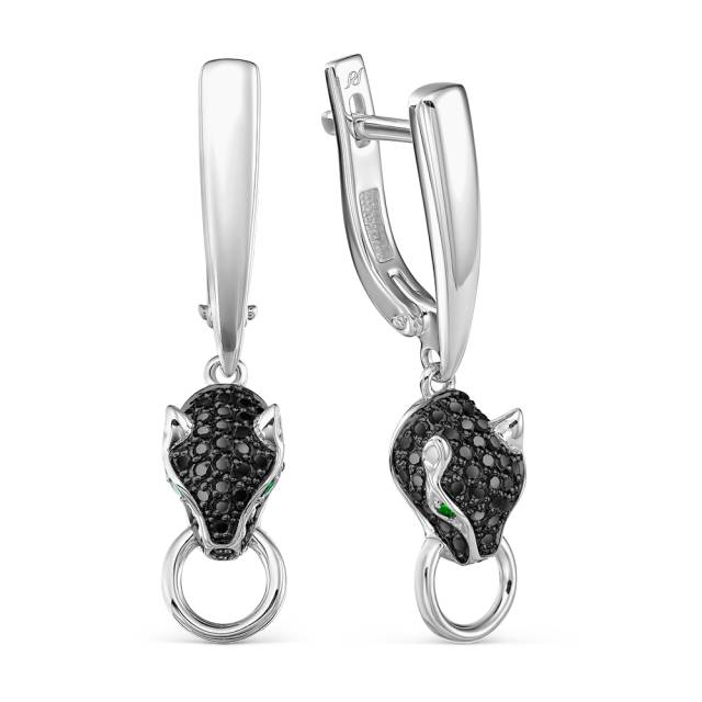 Серьги из белого золота с чёрными бриллиантами и изумрудами (060941)