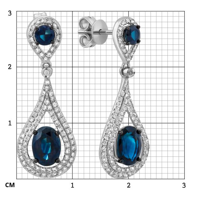 Серьги пусеты  из белого золота с бриллиантами и сапфирами (030679)