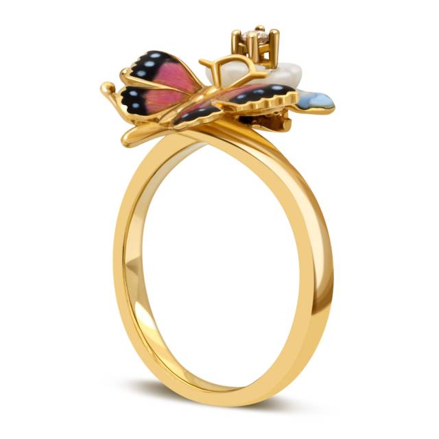 Кольцо из жёлтого золота с цирконом, перламутром и эмалью (022286)