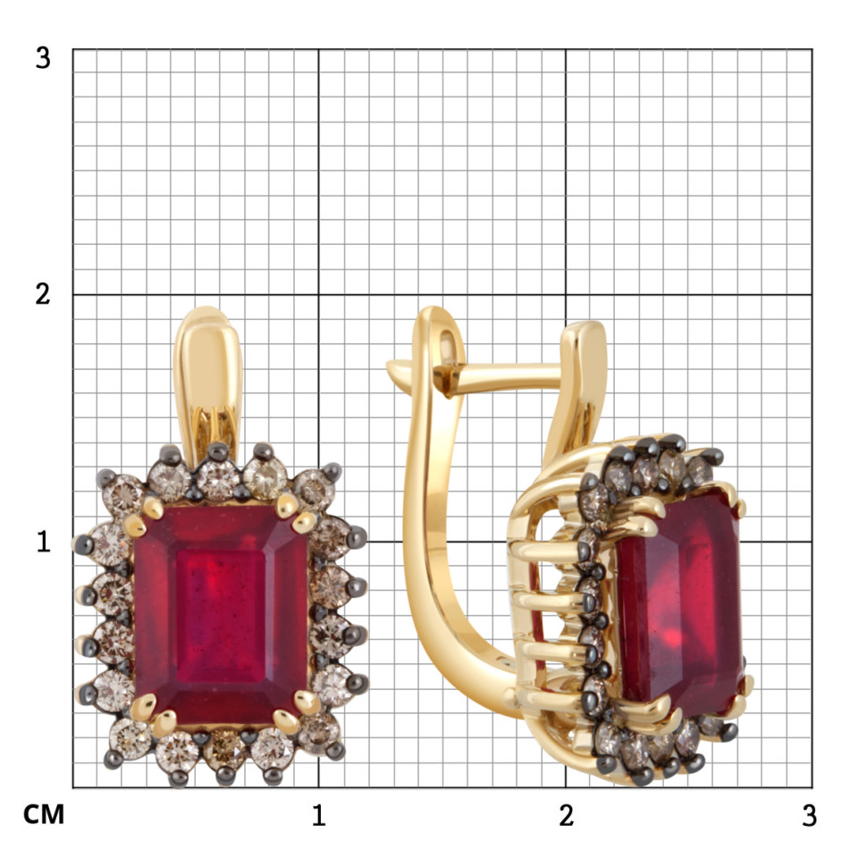 Серьги из жёлтого золота с коричневыми бриллиантами и рубинами (046922)
