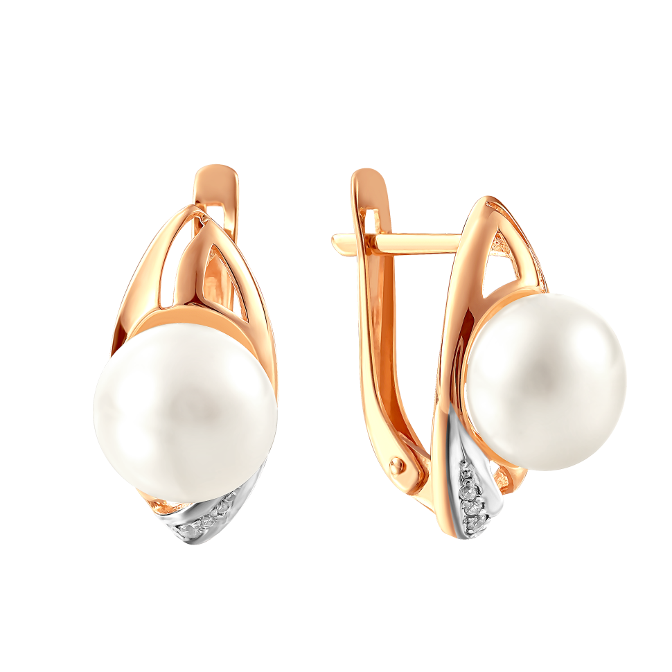 Серьги из красного золота с жемчугом и фианитами (041820)