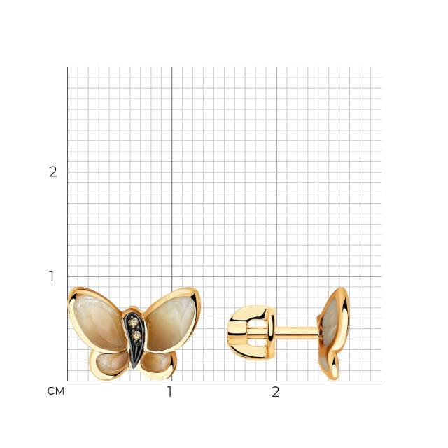 Серьги пусеты из красного золота с бриллиантами и эмалью "Бабочки" (045080)