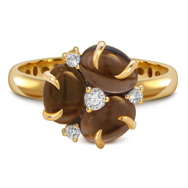 Кольцо из жёлтого золота с фианитами и дымчатами кварцами (057849)