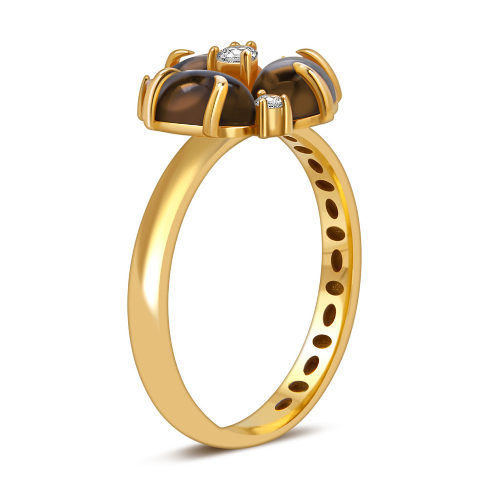 Кольцо из жёлтого золота с фианитами и дымчатами кварцами (057849)