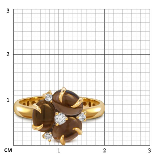 Кольцо из жёлтого золота с фианитами и дымчатами кварцами (057849)