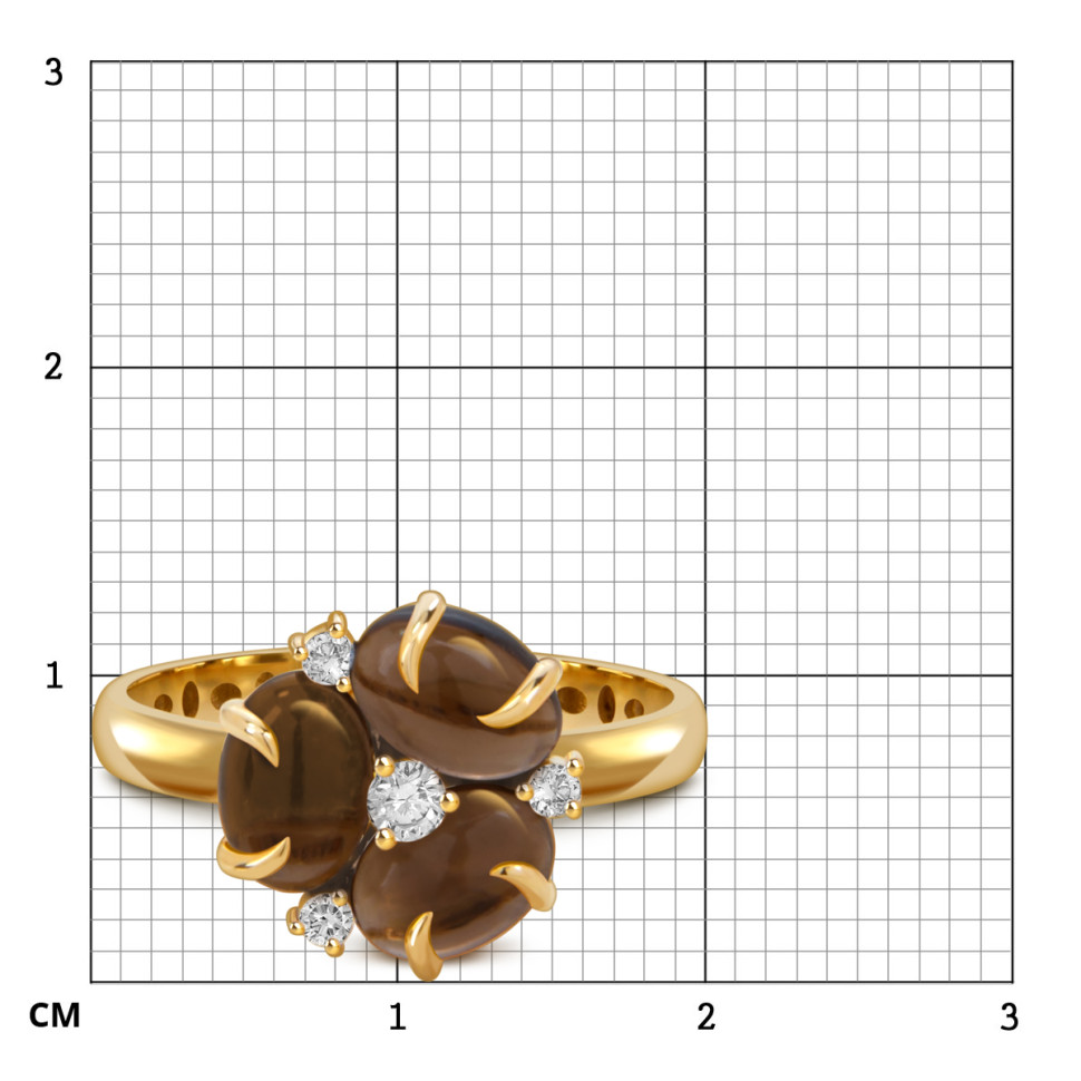 Кольцо из жёлтого золота с фианитами и дымчатами кварцами (057849)
