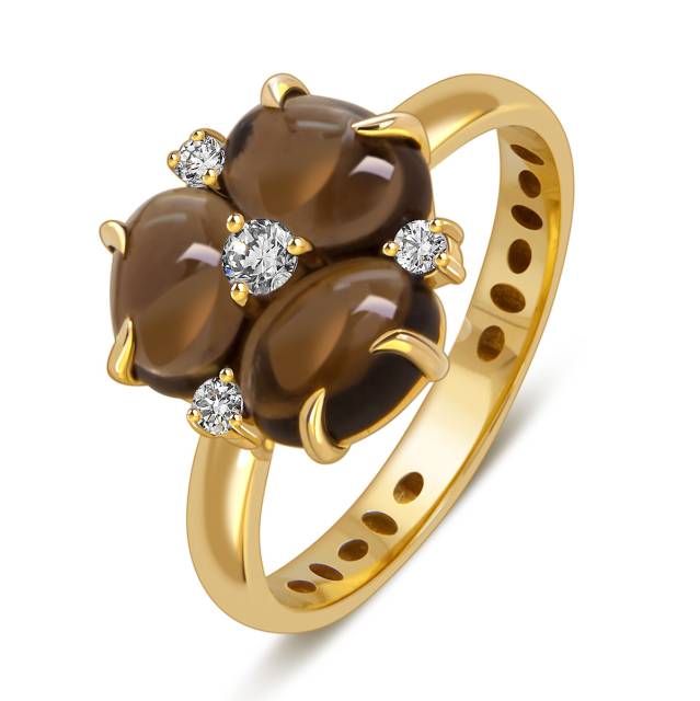 Кольцо из жёлтого золота с фианитами и дымчатами кварцами (057849)