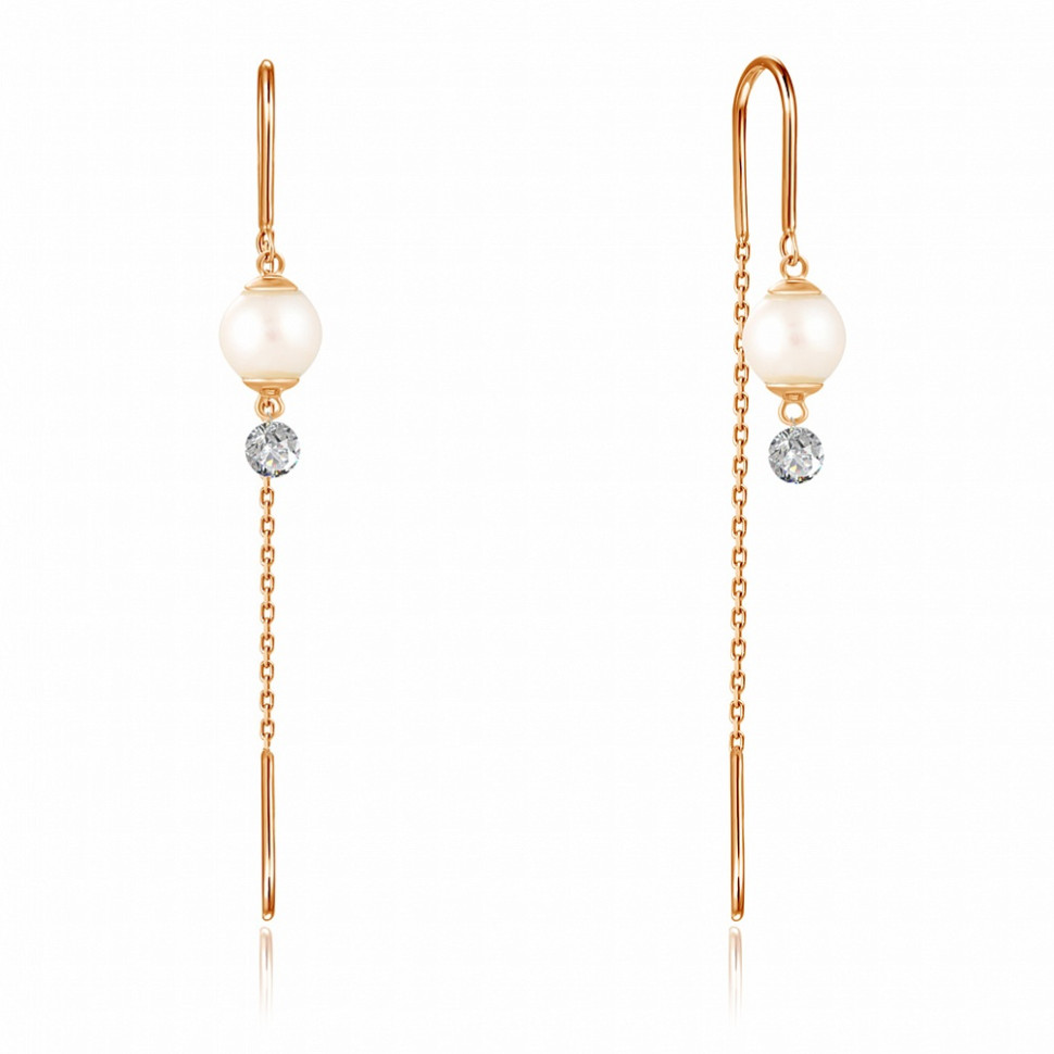 Серьги из красного золота с бриллиантами и жемчугом Акойя (047685)