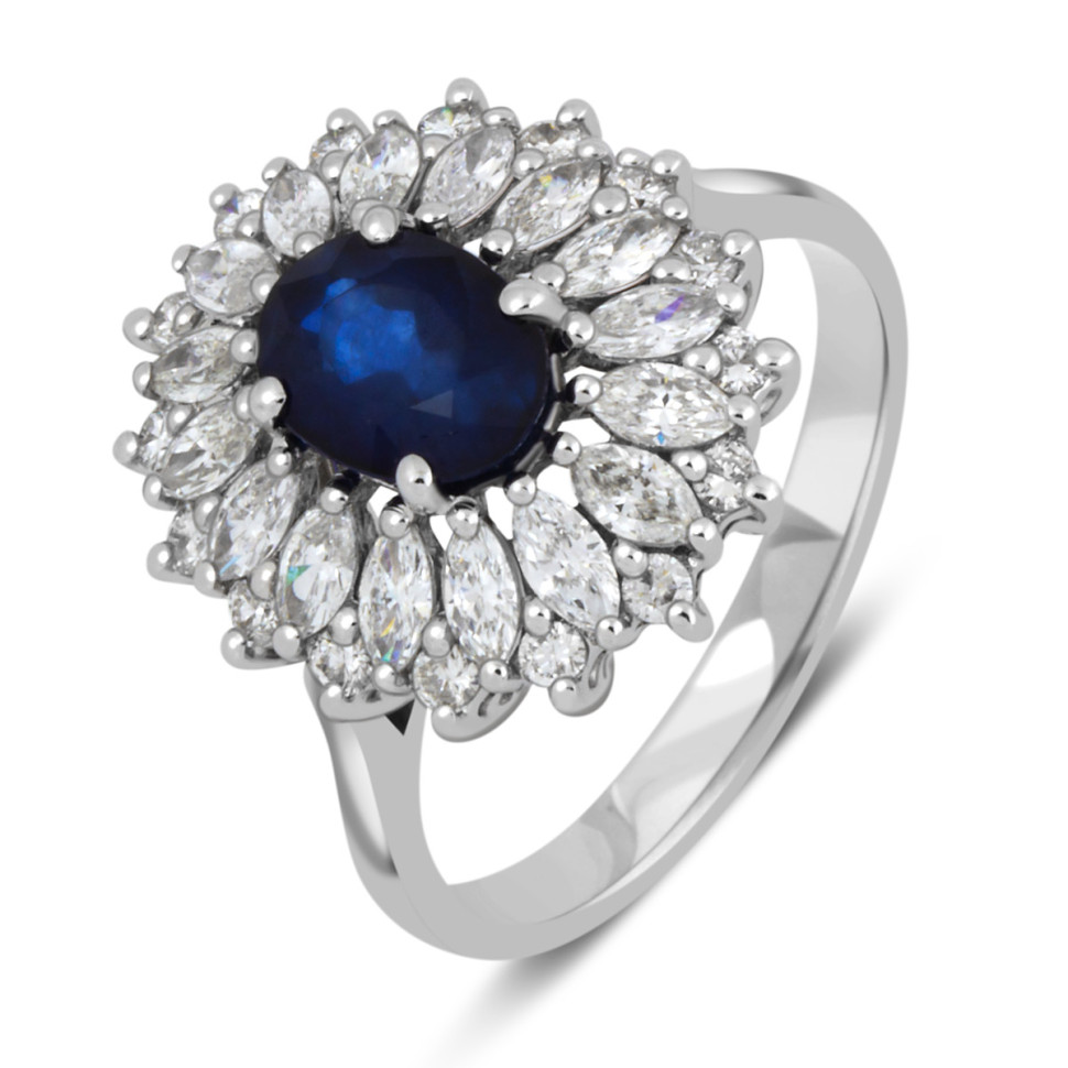 Кольцо из белого золота с бриллиантами и сапфиром (039765)