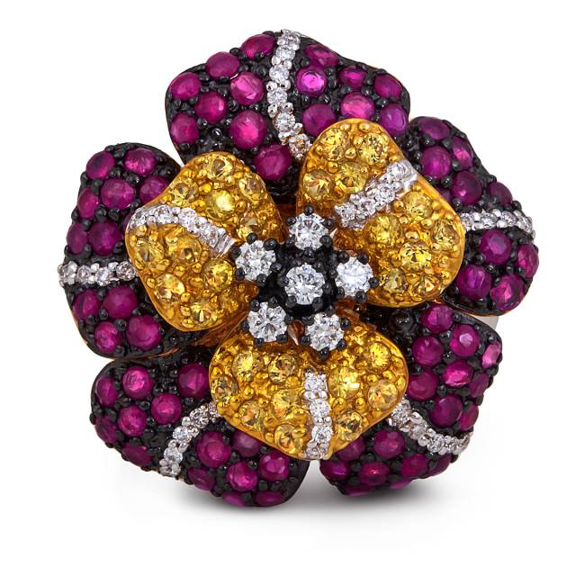 Кольцо из белого золота с бриллиантами, рубинами и сапфирами (003037)