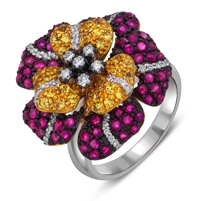 Кольцо из белого золота с бриллиантами, рубинами и сапфирами (003037)