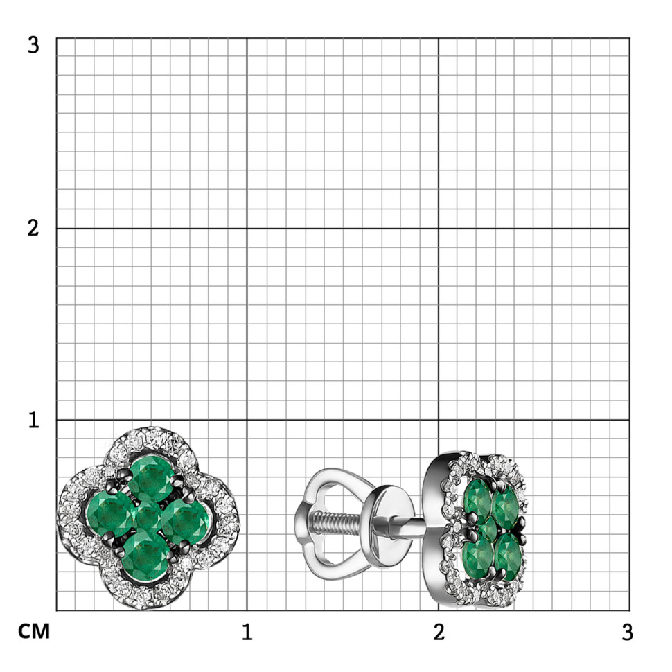 Серьги пусеты из белого золота с бриллиантами и изумрудами (055209)