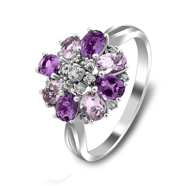 Кольцо из белого золота с бриллиантами и аметистами (019929)
