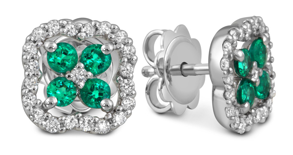 Серьги пусеты из белого золота с бриллиантами и изумрудами 