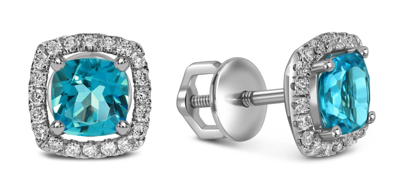 Серьги пусеты из белого золота с бриллиантами и апатитами (058525)