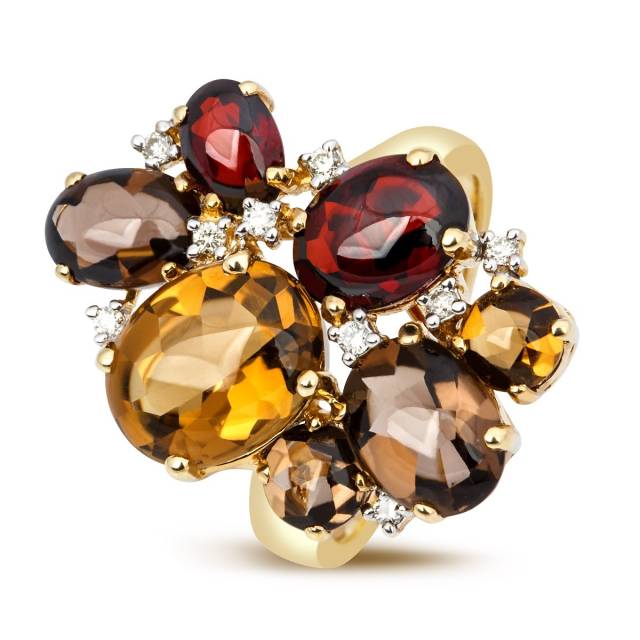 Кольцо с бриллиантами и полудрагоценными камнями из желтого золота (001188)