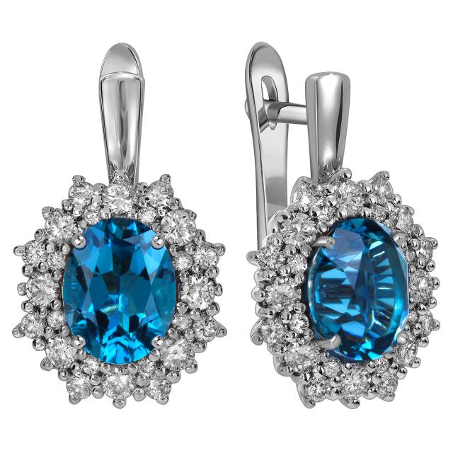 Серьги из белого золота с бриллиантами и лондон топазами (060386)