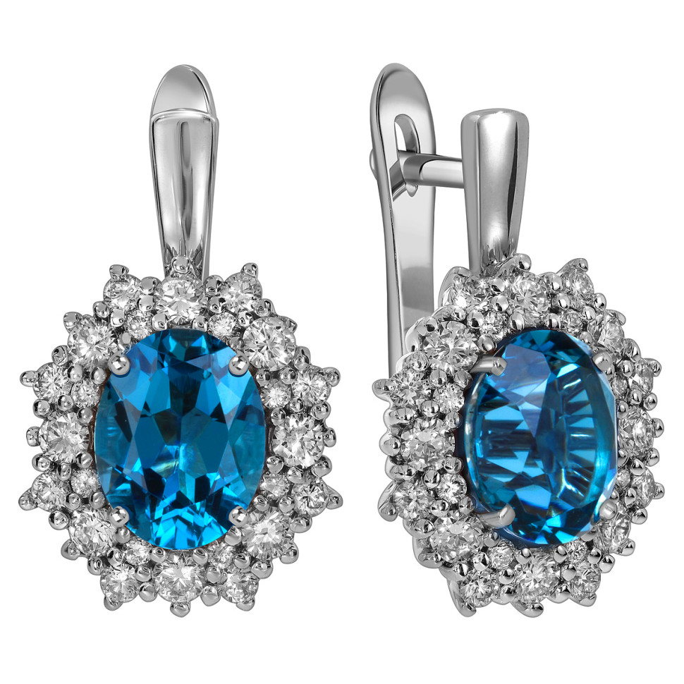 Серьги из белого золота с бриллиантами и лондон топазами (060386)