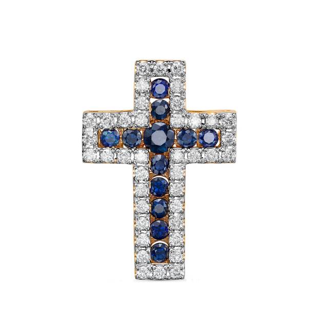 Кулон крест из красного золота с бриллиантами и сапфирами (059440)
