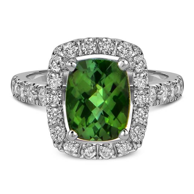 Кольцо из белого золота с бриллиантами и зелёным турмалином (059490)