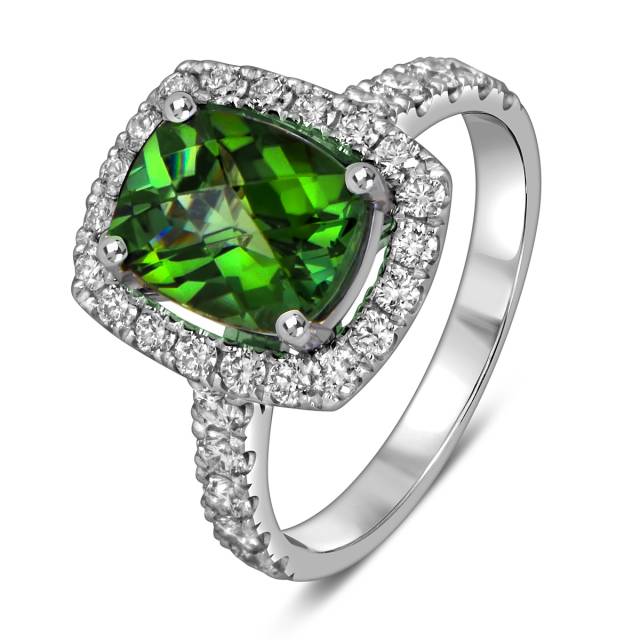 Кольцо из белого золота с бриллиантами и зелёным турмалином (059490)