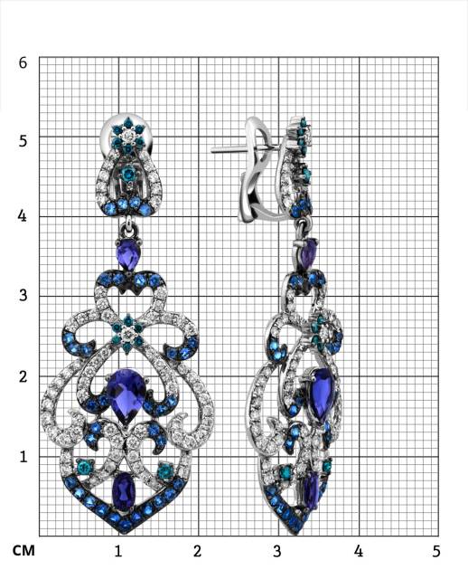 Серьги из белого золота с бриллиантами и драгоценными камнями (011398)