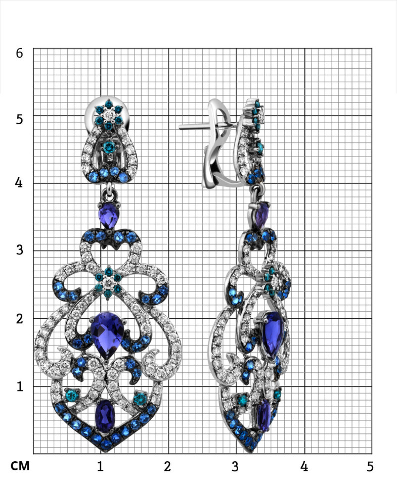 Серьги из белого золота с бриллиантами и драгоценными камнями (011398)
