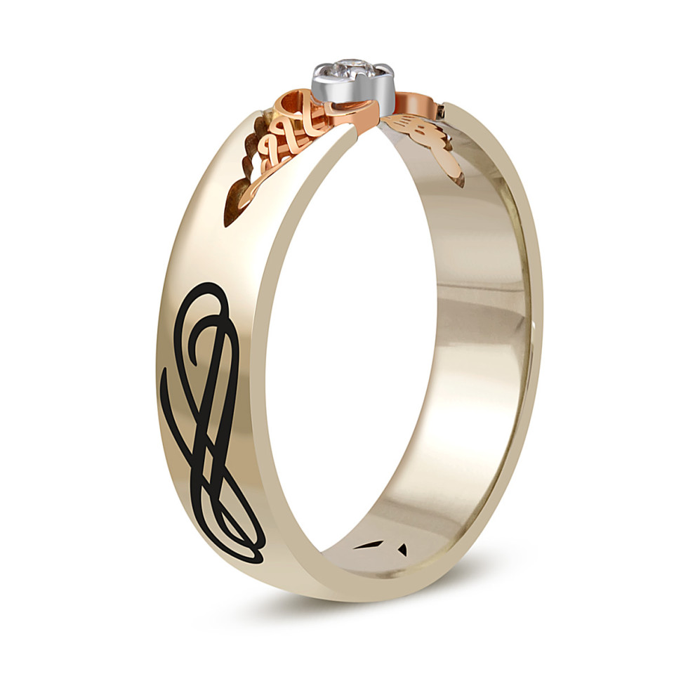 Обручальное кольцо из комбинированного золота с бриллиантом и эмалью 