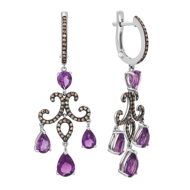 Серьги из белого золота с бриллиантами и аметистами (012730)