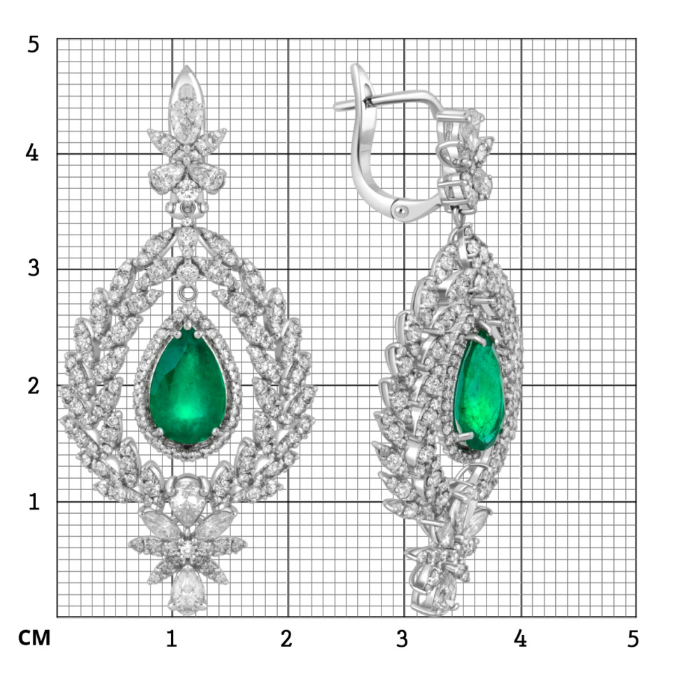 Серьги из белого золота с бриллиантами и изумрудами (047596)