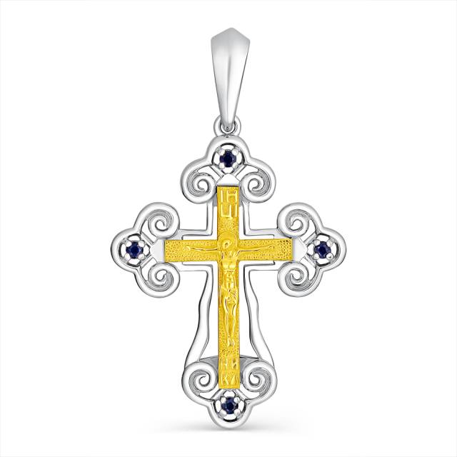 Кулон крест из комбинированного золота с сапфирами (061339)