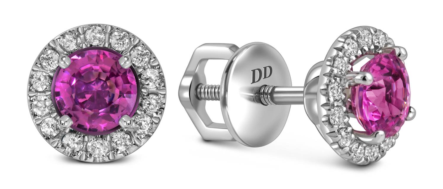 Серьги пусеты из белого золота с бриллиантами и розовыми сапфирами (062817)
